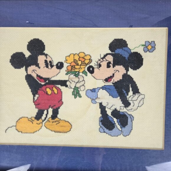 Vintage Disney Mickey & Minnie Mouse Hand Stitch Needlework Brown Wooden Framed - Picture 2 of 10